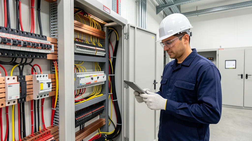 Técnico inspecionando painel de infraestrutura elétrica industrial