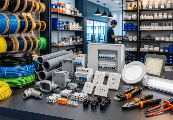 Materiais e componentes elétricos fornecidos pela L2M Industrial Solutions para obras e manutenção