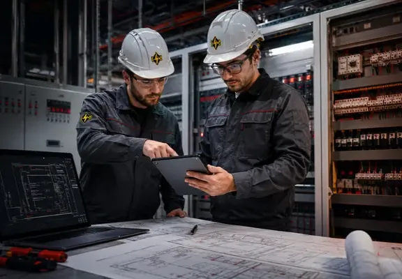 Engenheiro da L2M Industrial Solutions analisando projeto elétrico em Indaiatuba