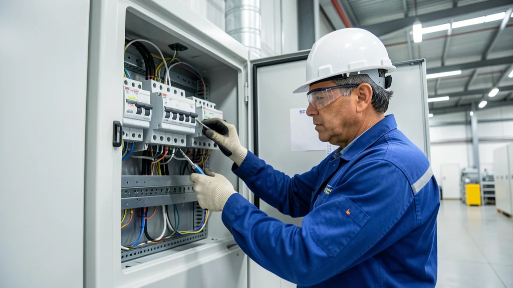 Eletricista industrial trabalha em painel elétrico de média tensão com equipamentos de proteção individual